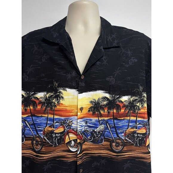 KYs Vintage Black Hawaiian Aloha Button Front Shirt 2XL Pocket Motorcycle USA - Picture 5 of 9